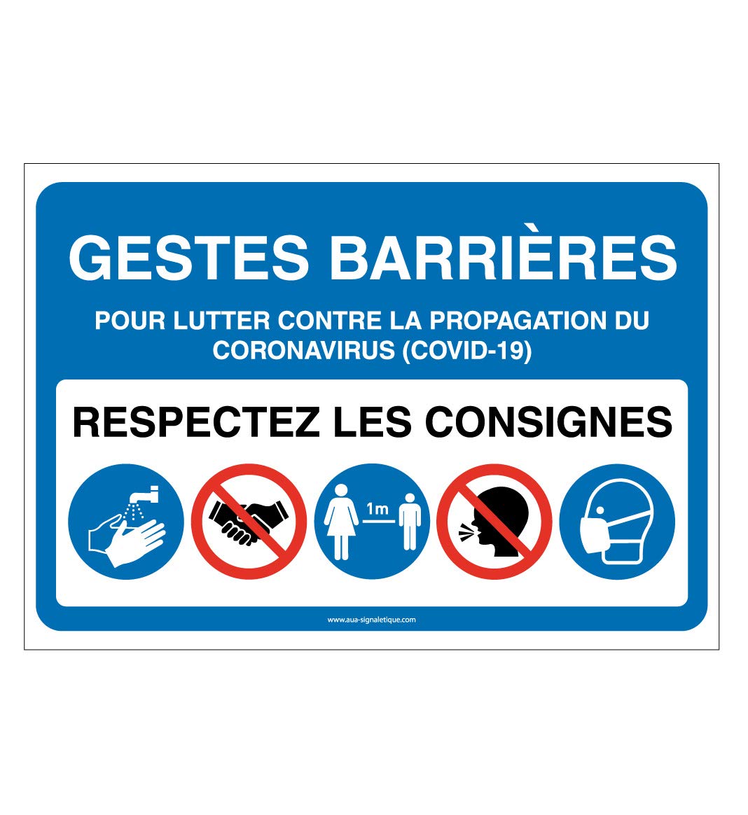 AUA SIGNALETIQUE - Panneau Signalisation : Gestes Barrières et Consignes à Respecter pour l'Accès à l'Etablissement -Bleu - 420x300 mm, PVC 1.5mm