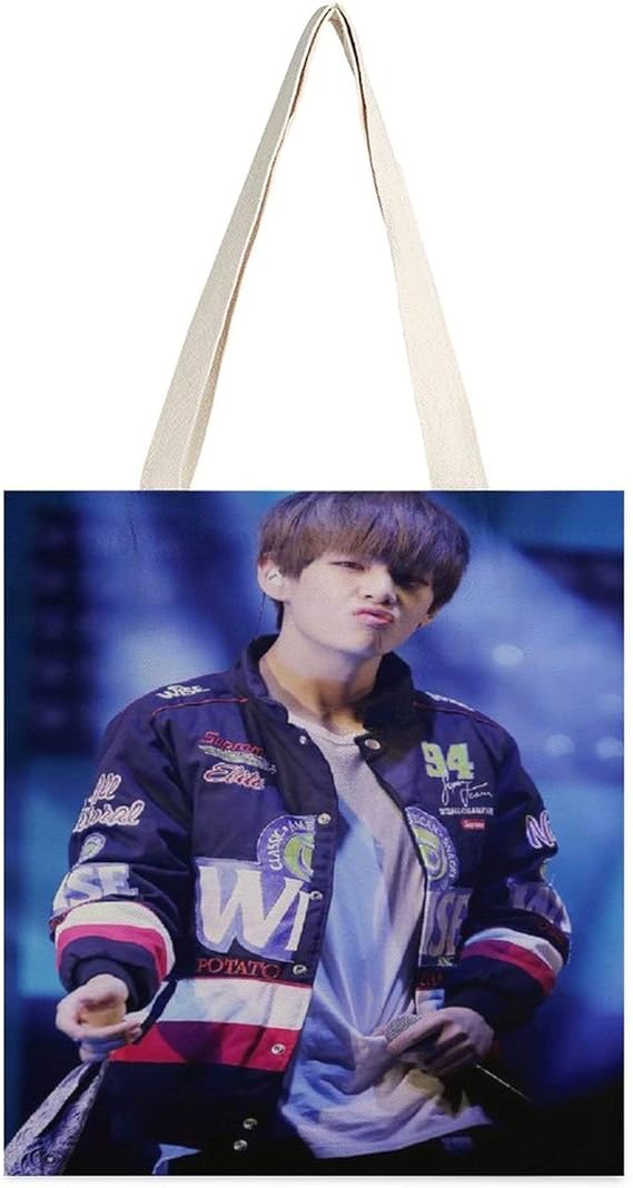 Amazon 防弹少年团 Bts キム テヒョン 写真ビッグマーティンキャンバストートバッグ 環境にやさしいバッグ 大容量の折りたたみ式ショッピングバッグ ランチバッグ トートバッグ 綿とリネンのバッグ 斜めのトートバッグ ショッピングバッグ 綿とリネンの女性の
