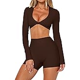 INFITTY Womens Long Sleeve Crop Workout Tops Double Lined Twist Deep V Neck T Shirts Yoga Athletic Top Tee