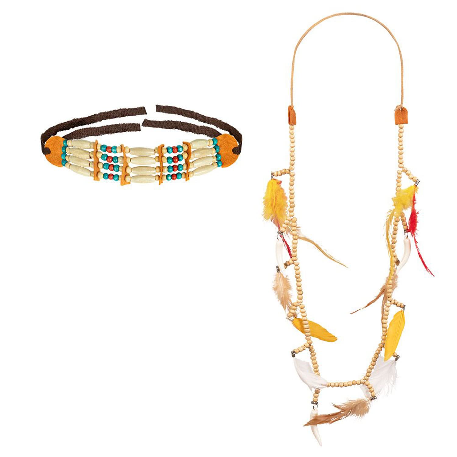 Boland 44152 - Costume Set Indian Choker and Necklace with Feathers and Beads, Squaw, Chief, Fashion Jewellery, Carnival, Theme Party