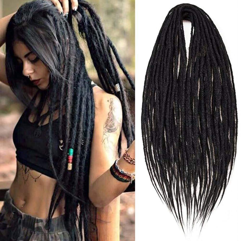 PORSMEER 10 Strands/Pack Dark Black Synthetic Dreadlocks Extensions,Handmade Hippie Dreadlock 0.6 Width Soft Dreads Hair Reggae Style Locs Crochet Braiding Hair for Women or Mens,18 inch 1B — image 1