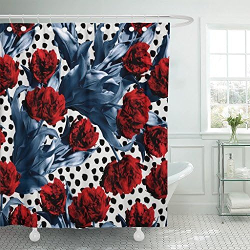 MAYTEC Shower Curtain Black Floral Collage Pattern Tulip Bright Flowers Design Trendy with and Leaves Polka Dot Blue Abstract Waterproof Polyester Fabric 72 x 72 inches Set with Hooks