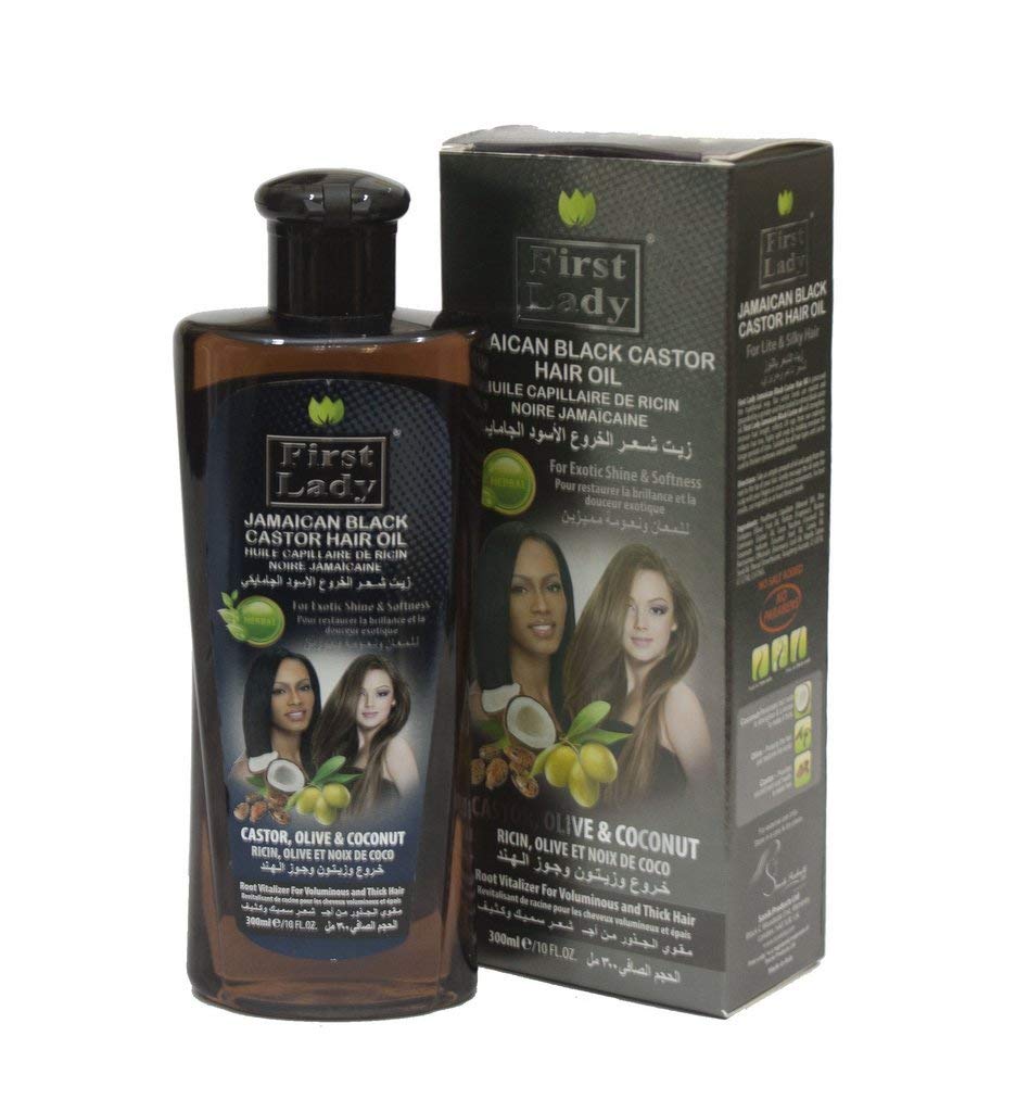 First Lady Herbal (Ayurvedic) JAMAICAN BLACK CASTOR Hair Oil 300ml 10oz - For Hair, Eyelash, Eyebrow Growth - With Olive & Coconut - For Afro, Asian & European Hair Types