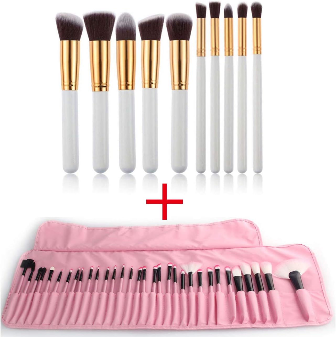JISELL 42pcs Makeup Brush Set with Bag, White and Pink Premium Cosmetic Make Up Brushes for Full Make-Up Blush Concealer Highlight Contour Lip Brush Multiple Style Girlish Beauty Tools Portable Travel
