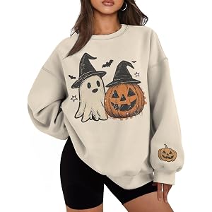 Retro Witch Hat Ghost Pumpkin Graphic Halloween Themed Long Sleeve Pullover Vintage Halloween Sweatshirt for Women
