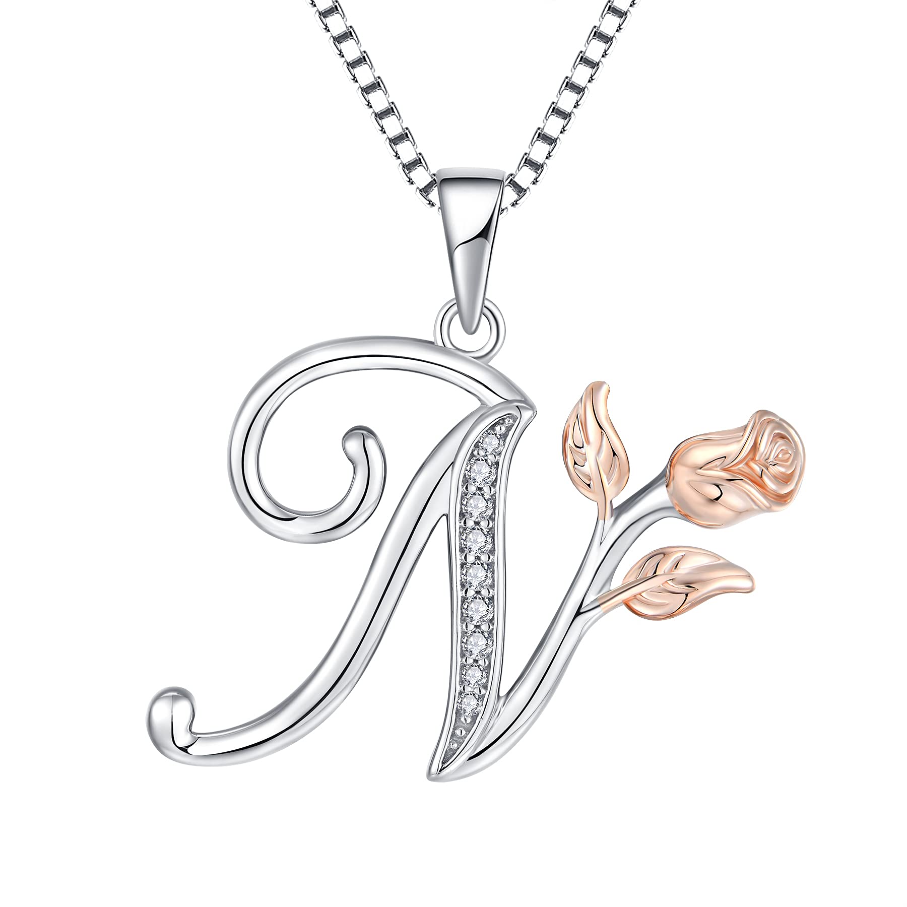 starchenie Alphabet Rose necklace Letter N Necklace Zirconia Pendant 925 Sterling Silver Necklace for Women