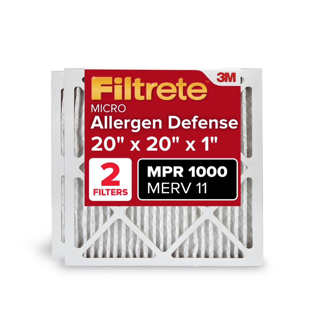 Photo 1 of ***HAS DAMAGED/ EXTREMELY BENT*** Filtrete 20x20x1 AC Furnace Air Filter, MERV 11, MPR 1000, Micro Allergen Defense, 3-Month Pleated 1-Inch Electrostatic Air Cleaning Filter, 2 Pack (Actual Size 19.719 x 19.719 x 0.84 in)
