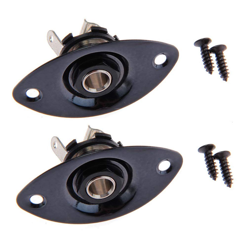 2pcs Oval Guitar Pickup Input Output Plate Jack Plug Socket 6.35mm With 2 Mounting Screws for Electric Guitar Replacement (Black)