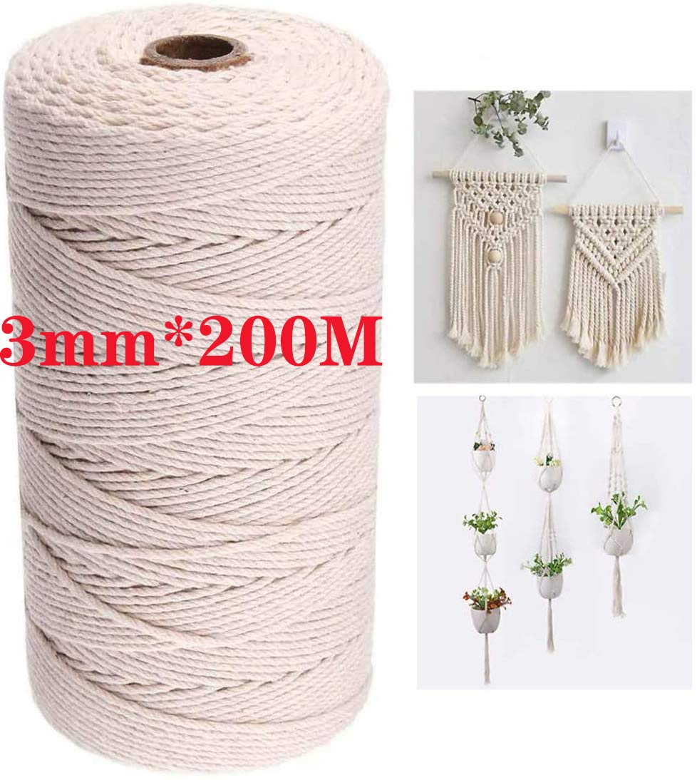 Macrame Cord 3MM*200M, 657 ft Natural Cotton Macrame String Twine,4-Strand Twisted Soft Unstained Cotton Rope for Handmade Plant Hanger,Decorative Projects Cotton String(Home Bedroom Living Room)