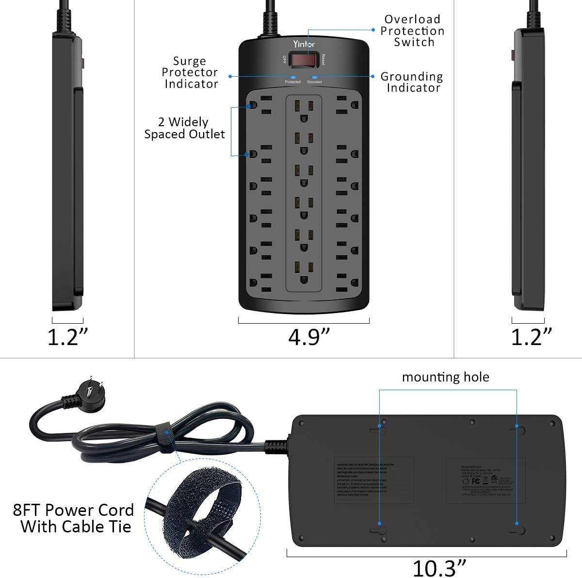 Power Strip, Yintar Surge Protector with 18 AC Outlets, 8 Feet Flat Plug Extension Cord (1875W/15A) for for Home, Office, Dorm Essentials, 2100 Joules, ETL Listed, Black: Home Improvement