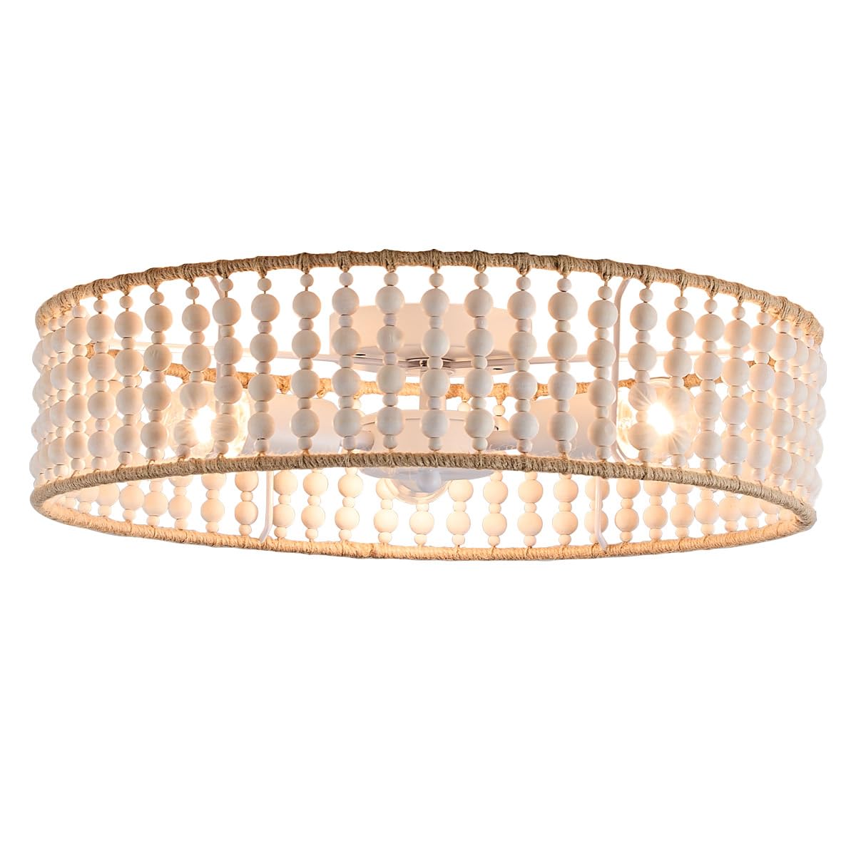 Photo 1 of 18" Boho Drum Chandelier,3 Lights Semi Flush Mount Ceiling Light Farmhouse Rattan Wood Beaded Hanging Pendant Lighting Fixture for Dining Room Living Room Kitchen Bedroom Entryway