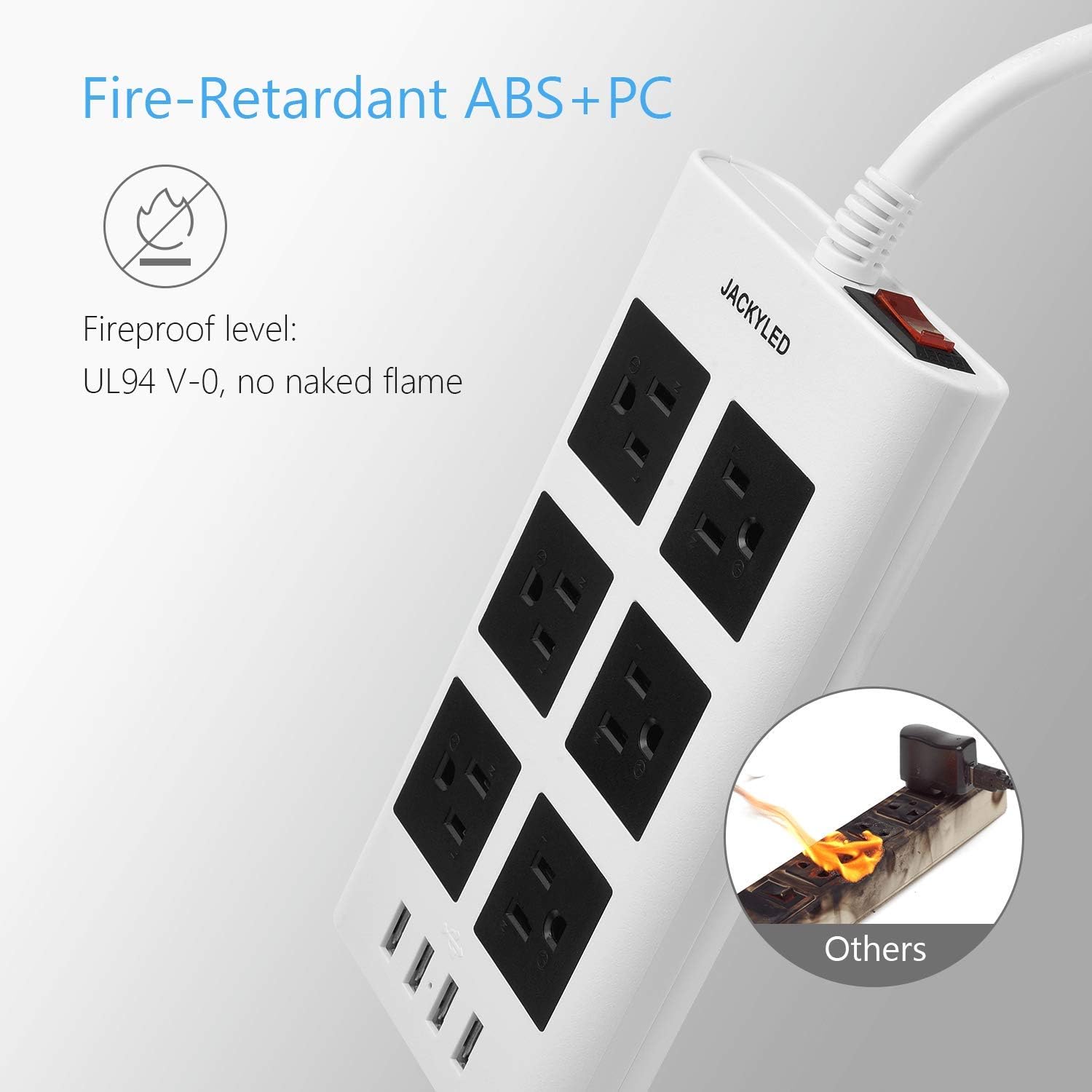 Power Strip 10ft Surge Protector JACKYLED Flat Plug 15A 14 AWG Long Extension Cord 6 AC Outlets 4 USB Ports Fast Charge Electric Outlet Fireproof Desktop Charger for iPhone iPad Laptop White: Home Audio & Theater