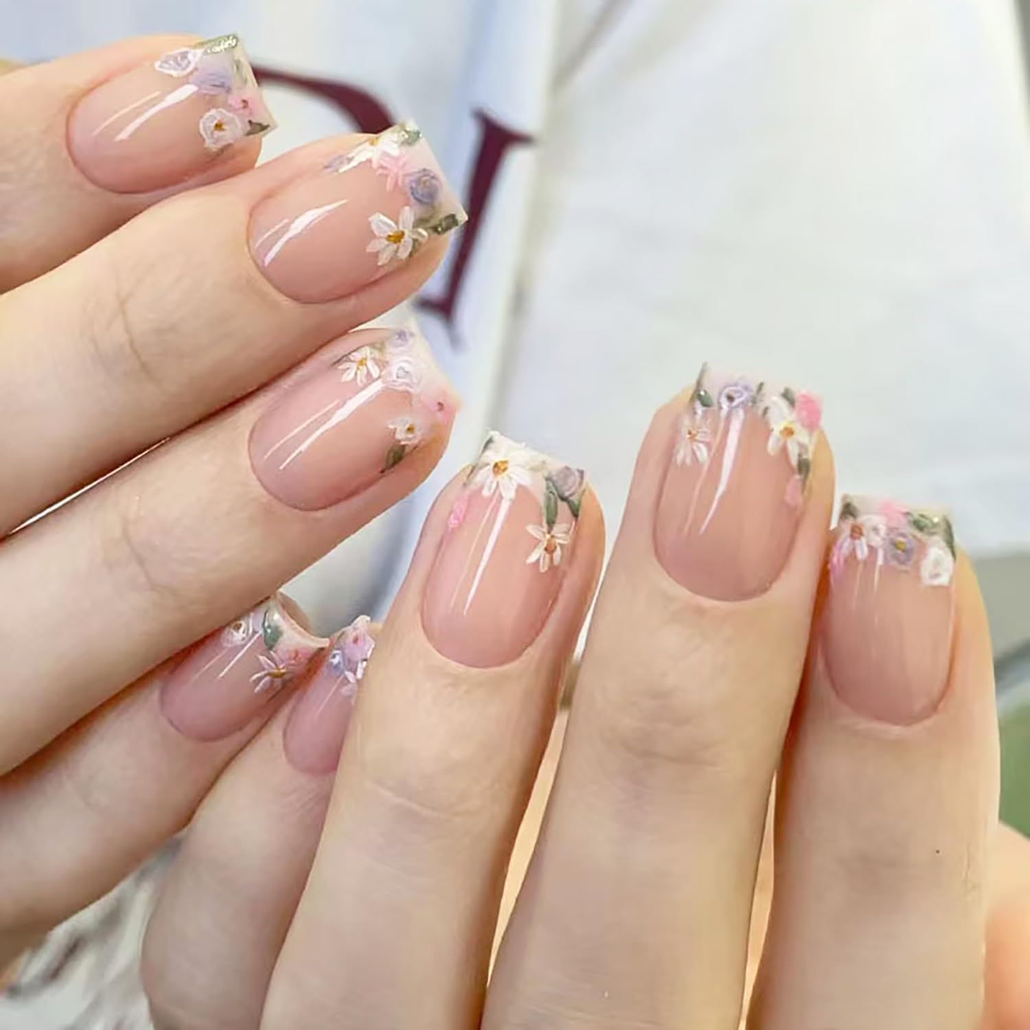 Photo 1 of 24 Pcs French Tip Press on Nails Short Square Spring Summer Flower Fake Nails Cute Small Floral False Nails Full Cover Glossy Glue on Nails Reusable French Flowers Artificial Nails for Women Girl