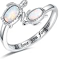 EJALEN 925-Sterling-Silver Opal/Turquoise Sea Turtle/Dolphin/Sea Life Ring - Inspirational I Love You Forever Adjustable Open Nature Ocean Mother Daughter Ring Cute Animal Jewelry Gifts for Women