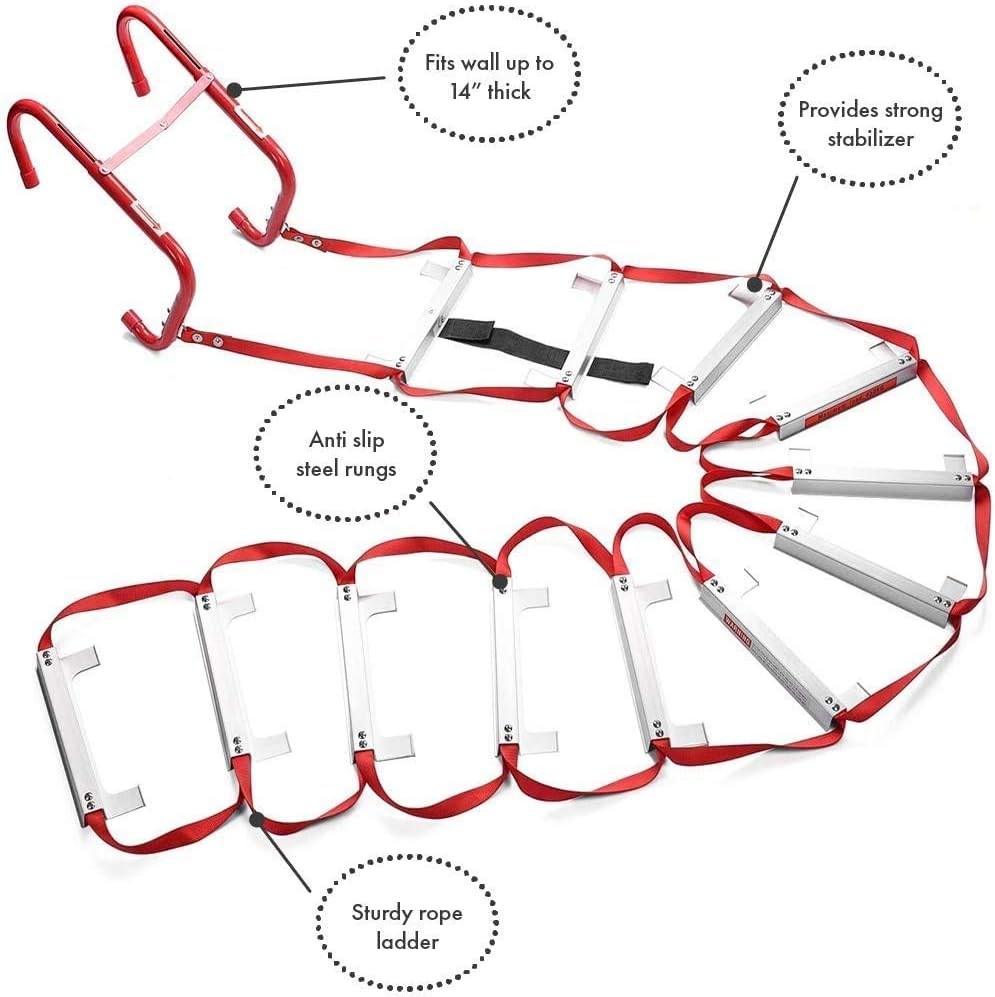 13 Feet Retractable Fire Escape Ladder - Portable Two-Story Emergency Kiddie Safety Window Ladder with Wide Steps, Center Support, & Anti-Slip Rungs: Kitchen & Dining