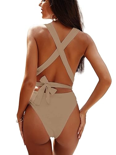 Lilosy Sexy Lace Up Plunge Neck Backless High Waisted Low Cut Leg