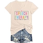 WESEOOU Speech Therapy is A Work of Heart Shirt Women V-Neck T-Shirts Speech Language Pathologist Letter Print Tees Tops