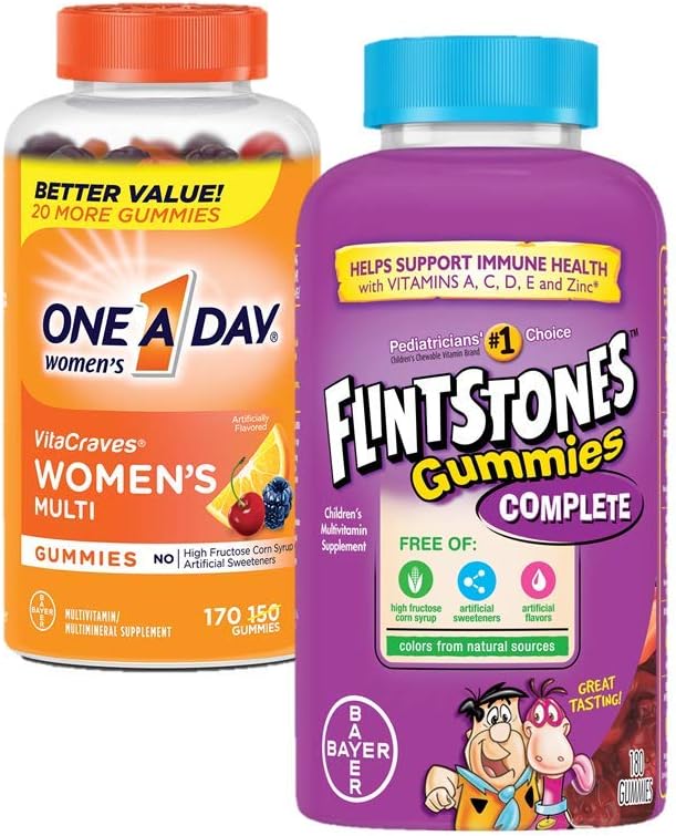 One A Day Women’s VitaCraves Multivitamin Gummies, 170 count with Flintstones Children's Complete Multivitamin Gummies, 180 Count