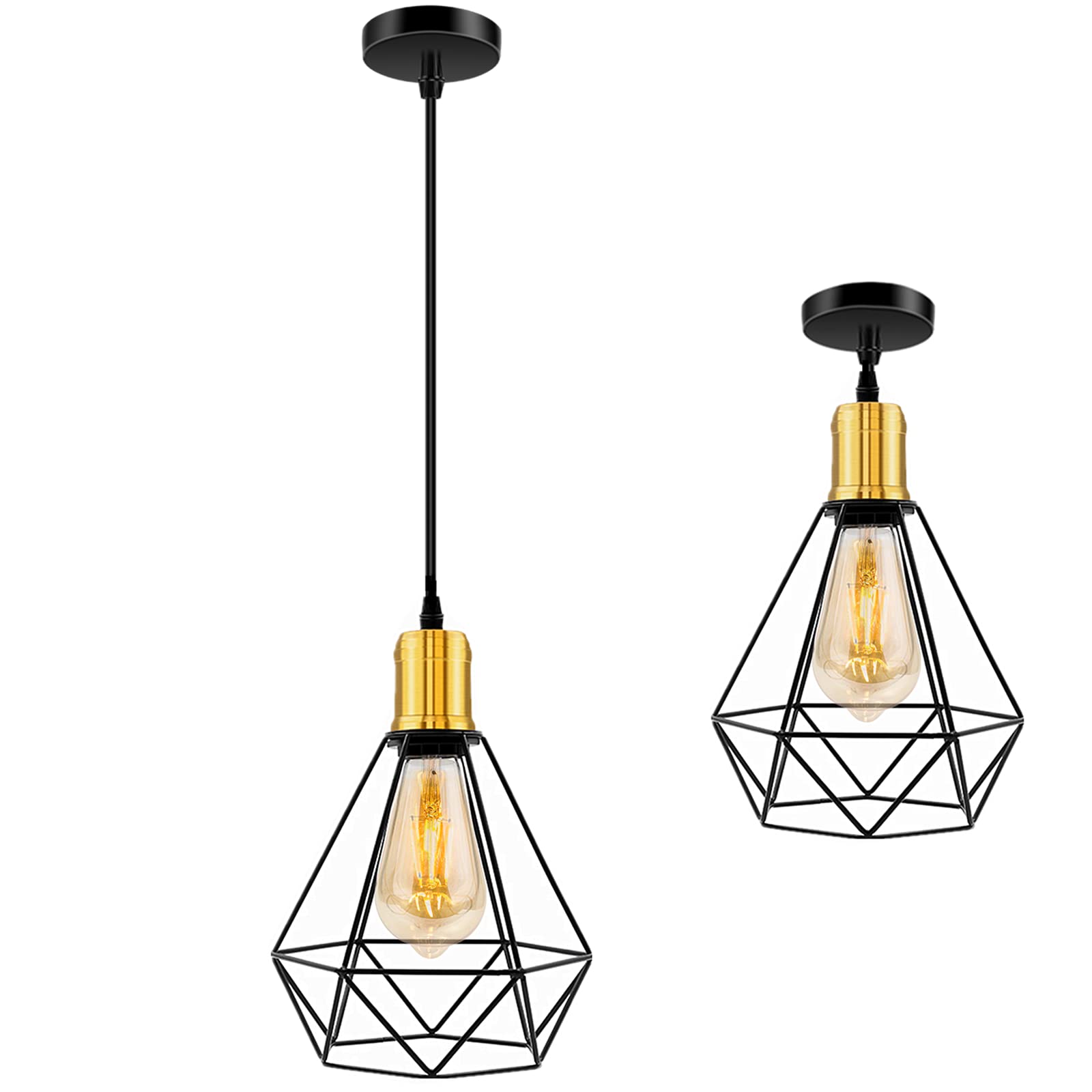 Biqing 2PCS Pendant Light Fittings Industrial Ceiling Hanging Light Kits E27 Ceiling Rose Lamp. (Diamond & Yellow)