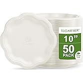 [50 COUNT]10-inch Compostable PFAS Free Floral Paper Plates, White Floral Acanthus Collection Natural Sugarcane Disposable Bagasse Eco Friendly Wedding Dinner Plates Elegant, New Version