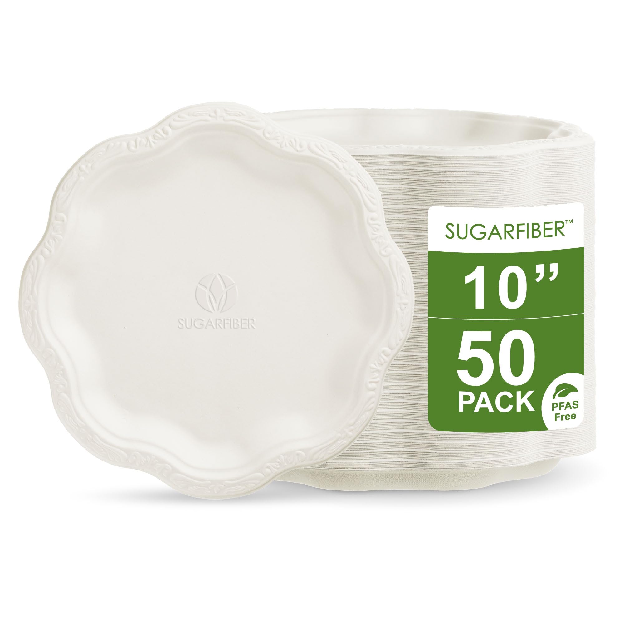 Photo 1 of [50 COUNT]10-inch Compostable PFAS Free Floral Paper Plates, White Floral Acanthus Collection Natural Sugarcane Disposable Bagasse Eco Friendly Wedding Dinner Plates Elegant, New Version