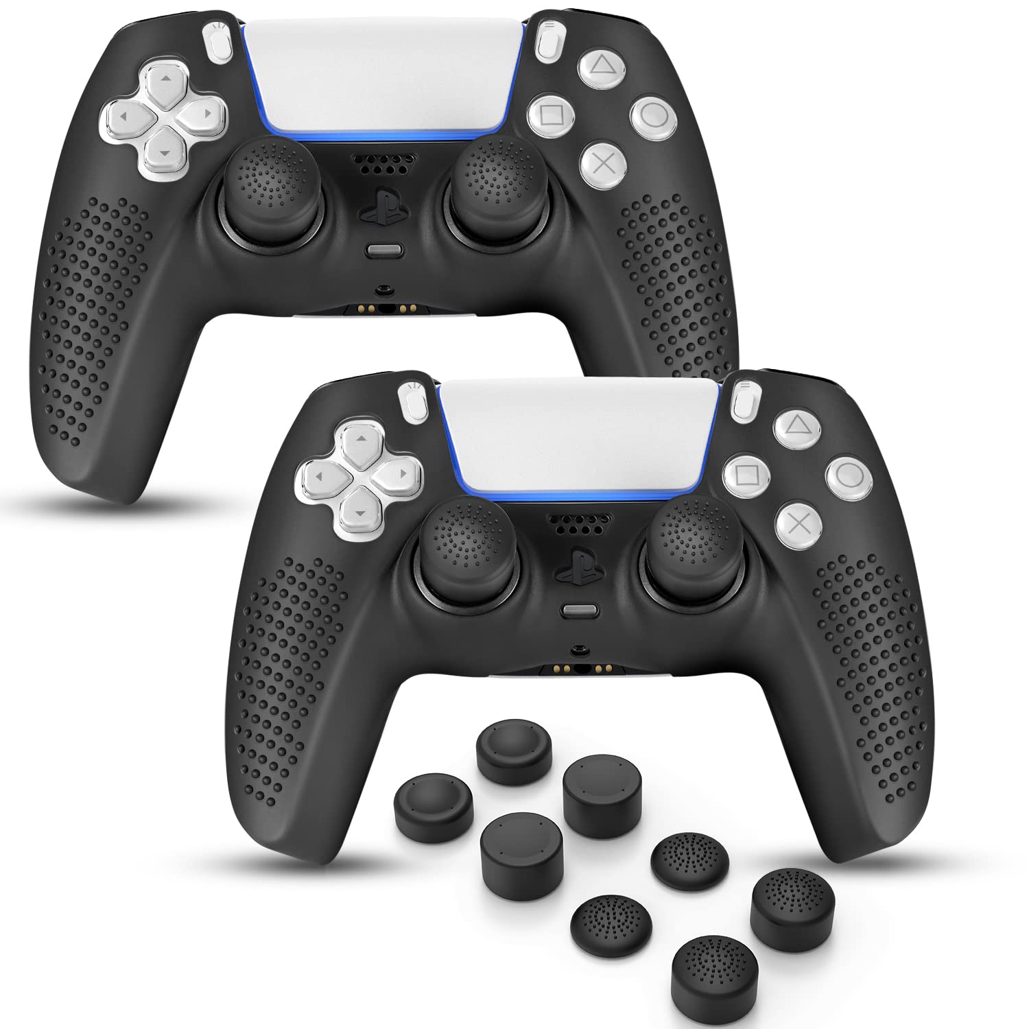 FAMOMI PS5 Controller Skin, Anti-Slip Soft Silicone Protective Cover Case for PlayStation 5 Controller Grip Accessories, 2 Pack with 8 x Thumb Grip Caps (Black&Black)
