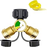 【1 pack】Propane Splitter (Propane Tank Y Splitter Adapter) with Gauge and Shut-Off Valve, 2 Way Propane Gas Splitter Adapter 