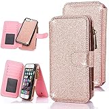iPhone 6S Plus Case, CaseUp 12 Card Slot Series - [Zipper Cash Storage] Premium Flip PU Leather Wallet Case Cover With Detachable Magnetic Hard Case For iPhone 6S/6 Plus (5.5 Inch) - Glitter Rose Gold