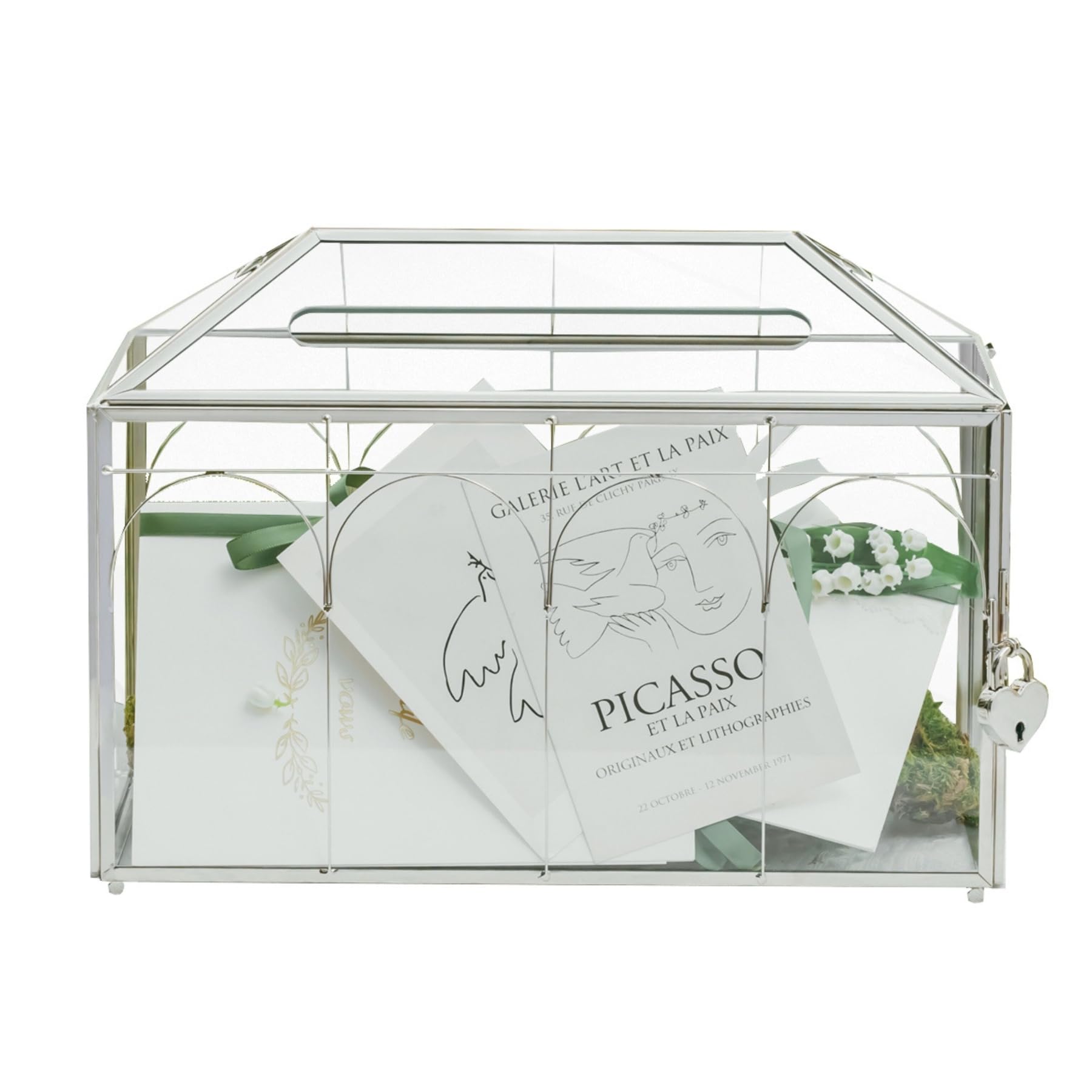 Photo 1 of NCYP Glass Cards Box with Slot & Lock for Wedding - 12.6" x 5.9" x 9" Vintage Geometric Terrarium, Wishwell, Party, Home Reception, Tabletop Décor, Silver (Glass Box Only)