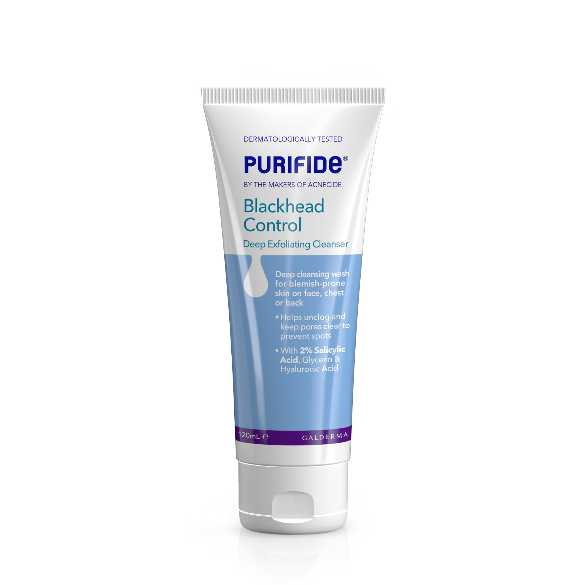 Purifide by Acnecide Blackhead Control Face Wash, Deep Exfoliating Cleanser for Acne Prone Skin 120ml, with 2% Salicylic Acid and Hyaluronic Acid