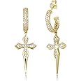 TOPGRILLZ Cross Hoop Dangle Earrings 925 Sterling Silver 5A+ Cubic Zirconia 14K Gold Hypoallergenic Cross Hoop Cuff Huggie Drop Earrings For Men Women