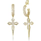 TOPGRILLZ Cross Hoop Dangle Earrings 925 Sterling Silver 5A+ Cubic Zirconia 14K Gold Hypoallergenic Cross Hoop Cuff Huggie Drop Earrings For Men Women