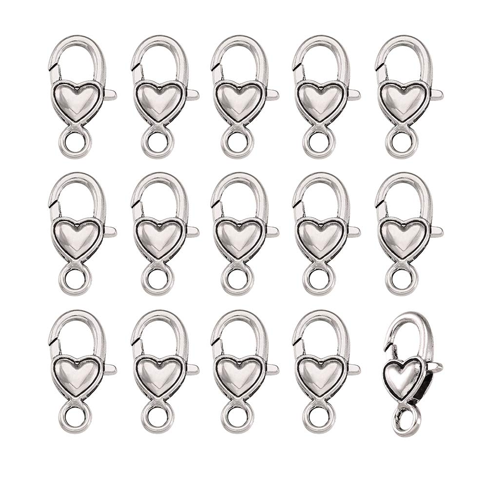 KISSITTY 30-Piece Lobster Claw Clasps Antique Silver Large Heart Fastener Hook Trigger Clasps for Bracelets Charm DIY Jewelry Making, 27x13.5mm Tibetan Alloy