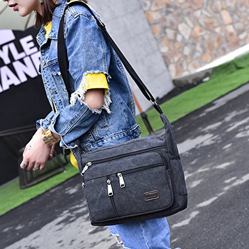 EasyHui Canvas Shoulder Messenger Bag Small Crossbody Travel Purse for Mens Womens Multi-layer Leisure Bag Black