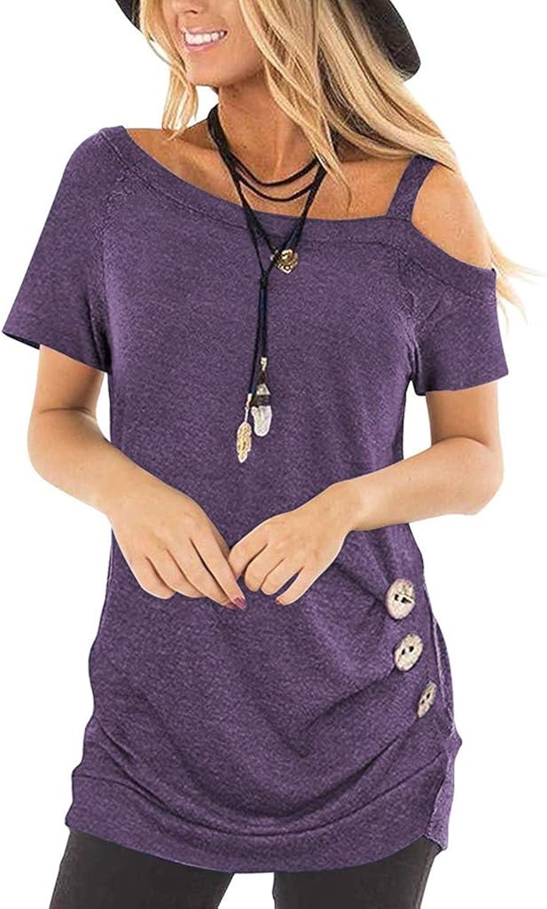 YANYUN Women Blouse Fashion Sexy Off Shoulder Cute Button Tshirt 2020 Summer Short Sleeve Crew Neck Pullover Plain Tunic Tops