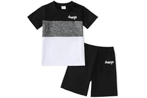 Yoxindax Toddler Kid Boy Clothes Colorblock Letter Graphic Tee Shorts 2PC Summer Outfit Set