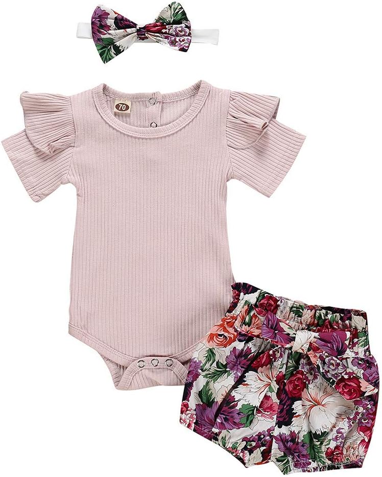 KpopBaby 3PCS Infant Toddler Baby Girl Clothes Ruffle Romper Bodysuit Floral Halen Pants Headband Outfits