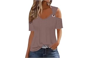 TARIENDY Women's Cold Shoulder Tops Short Sleeve V Neck Tees Dressy Casual Loose Fitting Tunic Blouses Trendy 2024 Summer