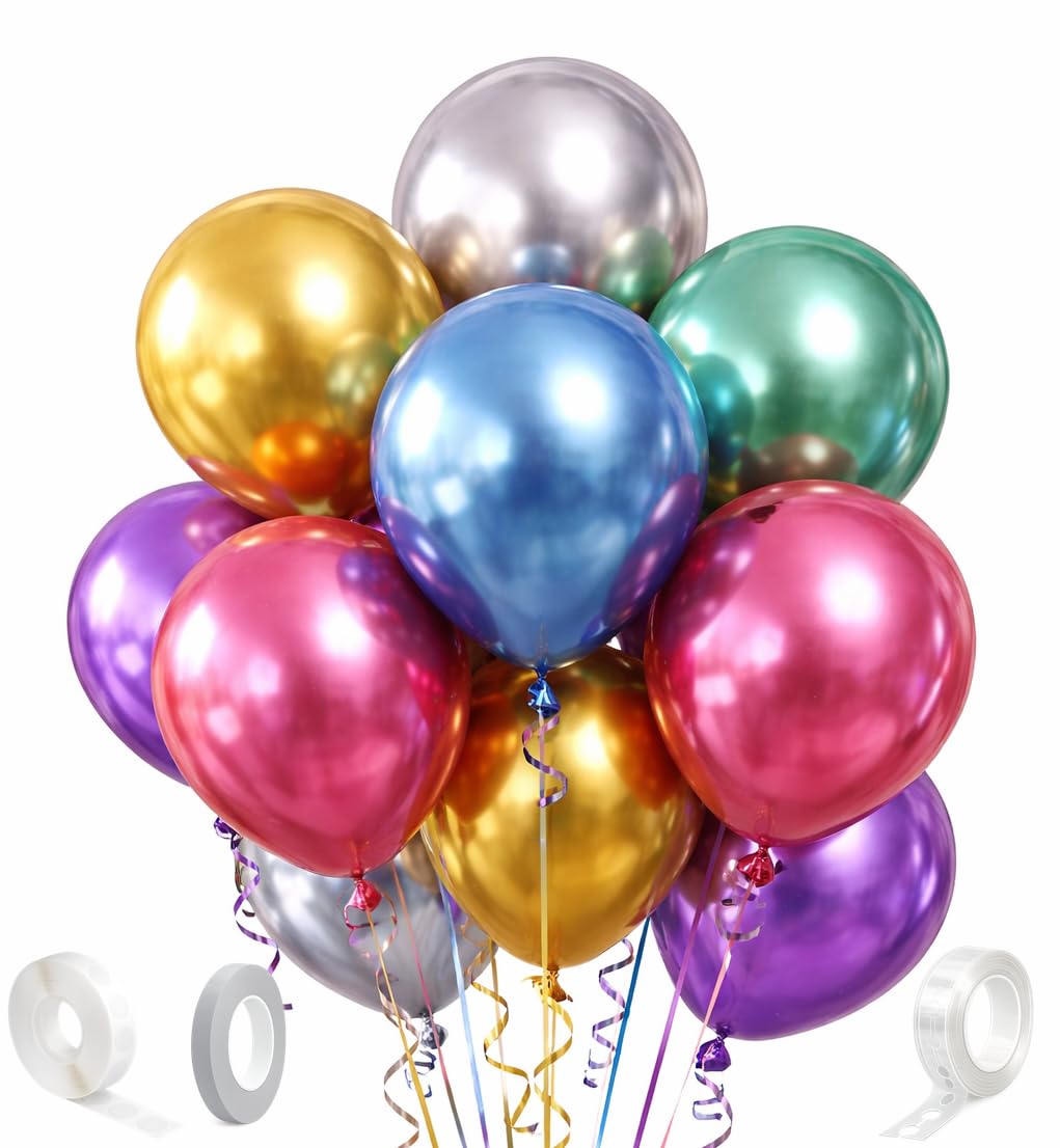 Photo 1 of 100 Pack 12" Chrome Metallic Assorted Multicolor Balloons – Balloon Arch Kit with Adhesive Dots, Curling Ribbon & Arch Stripe – Perfect for Birthday, Wedding, Baby Shower, Holiday & Party Decorations