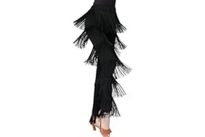 BK FASO Women Latin Dance Pants Tassels Fringe Ballroom Tango Salsa Elastic Waist Practice Performance Trousers