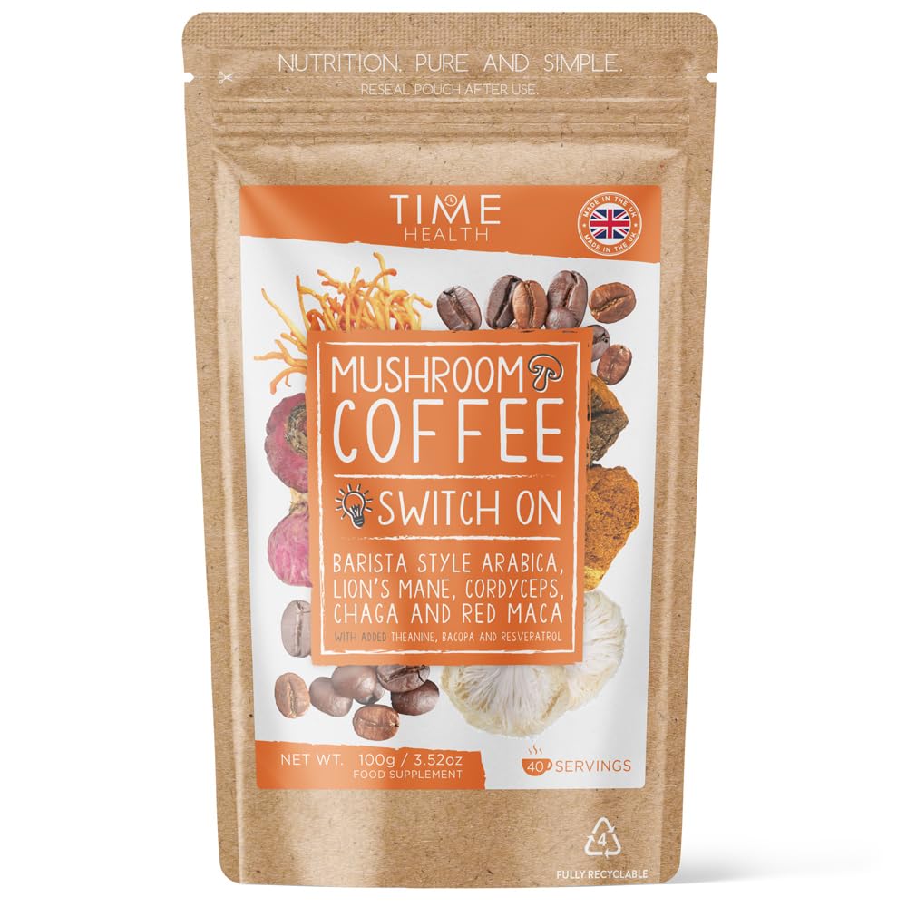 Mushroom Coffee Blend (Instant) - 100g - 40 Servings - Arabica, Lion's Mane, Cordyceps, Chaga & More - Natural Energy & Focus - UK Made - 5% Micro Ground Coffee