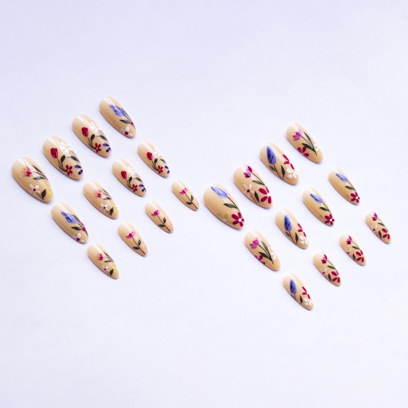 Almond Spring Press on Nails Colorful Flower Fake Nails Glossy Finish Acrylic Nails Press ons with Flowers Designs Cute Floral Finger Manicure Nail Kit Spring Summer Glue on Nails for Women 24Pcs - Image 4