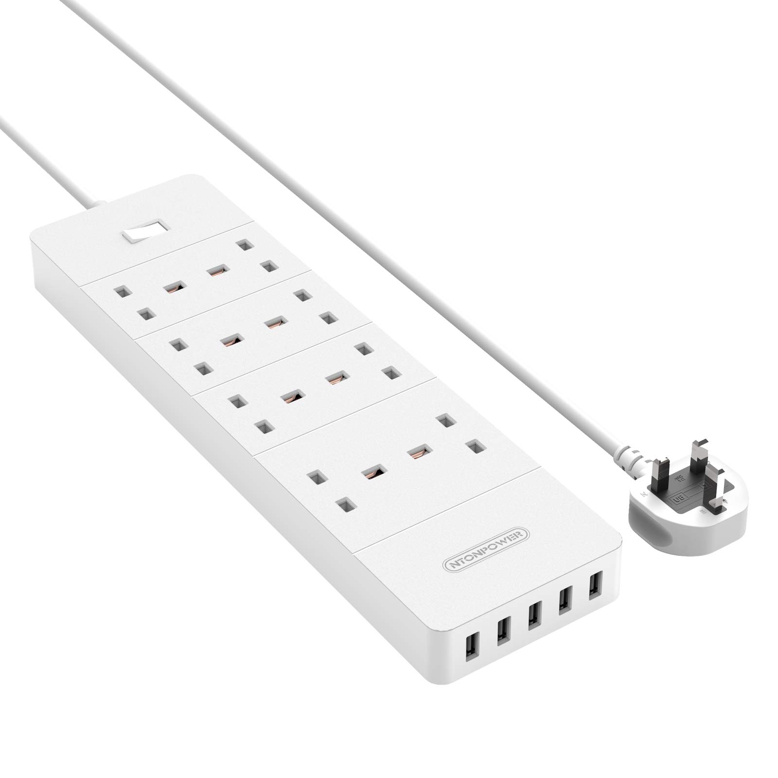 Multi Plug Extension Sockets Switched 8 Gang Electrical Outlets 13amp with 5 USB Charging Ports and 1700J Surge Protector Lightning Strikes Protection, Power Saving Large Block Extender- White