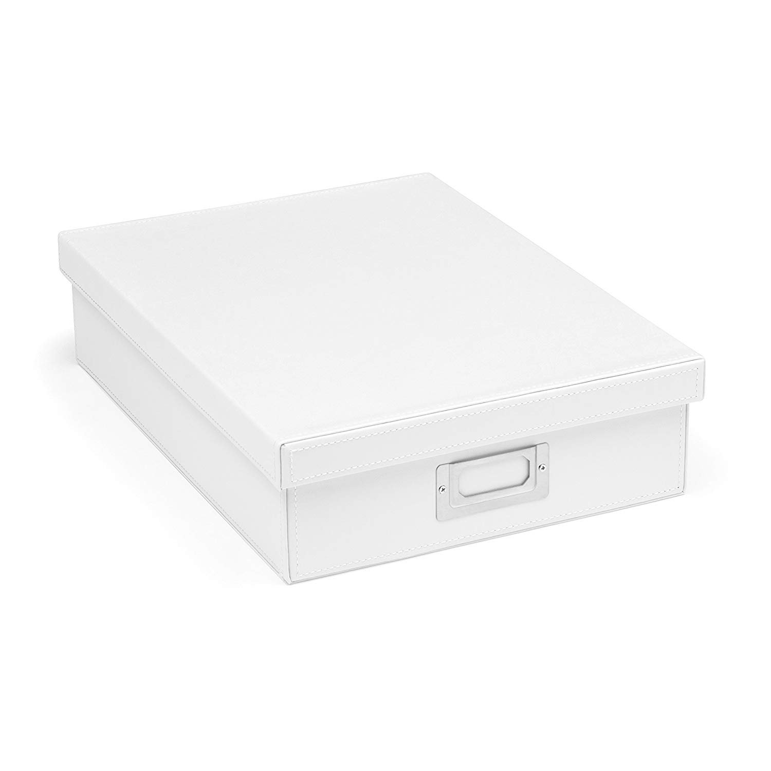 Osco Faux Leather A4 Document Storage Box with Lid, Stackable Desk Paperwork Organiser for A4 Files Envelopes, Durable Filing Solution for Home or Office, 8.5×25×33.5 cm, White