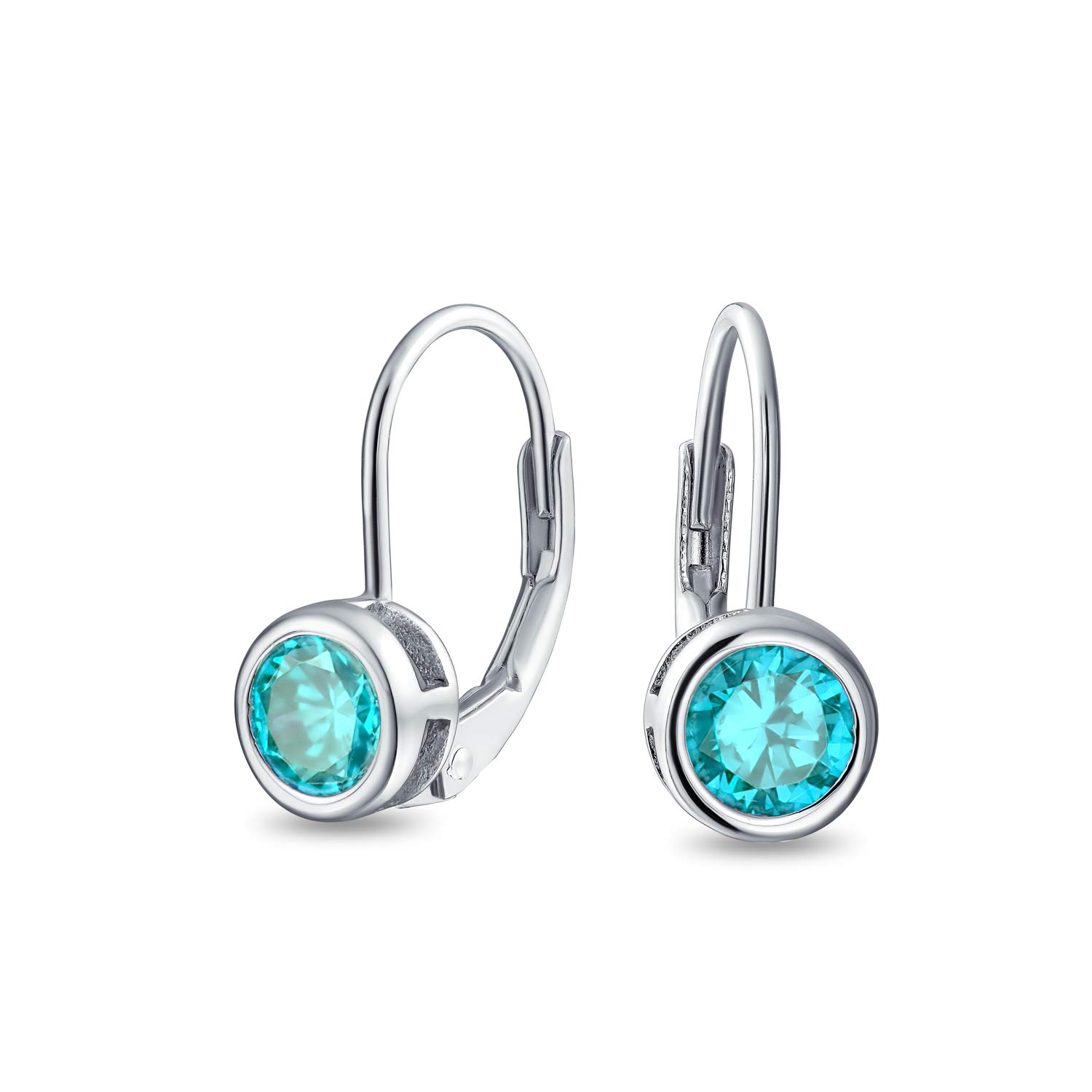 Dainty Round Bezel Brilliant Cut Aqua Blue AAA Cubic Zirconia Simulated Aquamarine CZ Solitaire Dangle Drop Earrings Lever Back .925 Sterling Silver — image 1