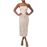 Lulus Isla Strapless Midi Dress for Women Floral Jacquard Strapless Elegant Column Fit Evening Party Cocktail Midi Dress