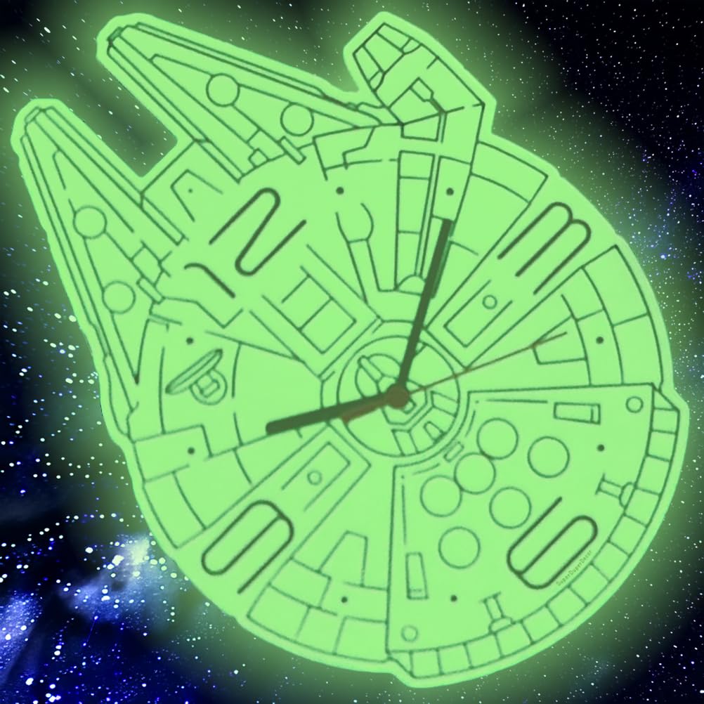 SuperDuperDecor - Glow in the Dark - Millennium Falcon - Star Wars inspired bedroom wall clock - Fan Art style 33x24cm