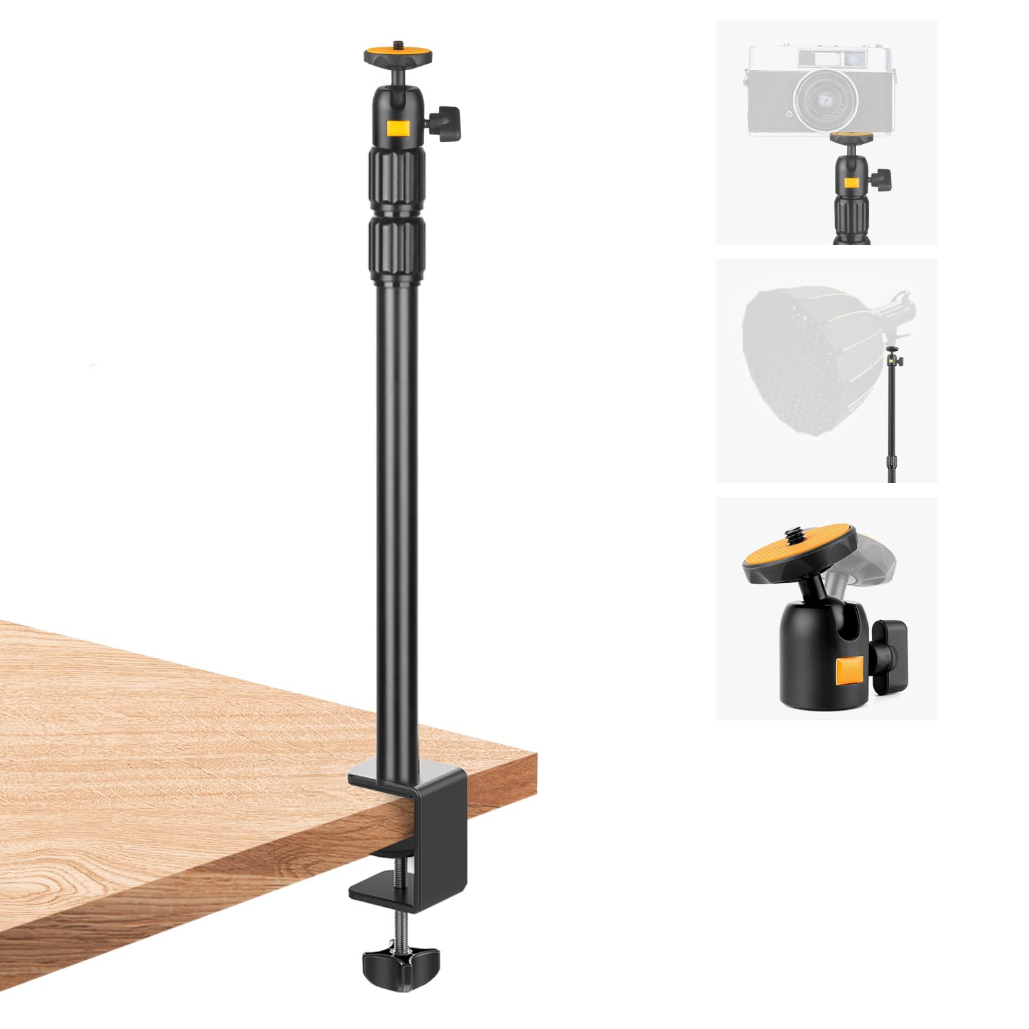 Camera Desk Mount Webcam Stand with 360° Ball Head, Adjustable Table Light Stand 14