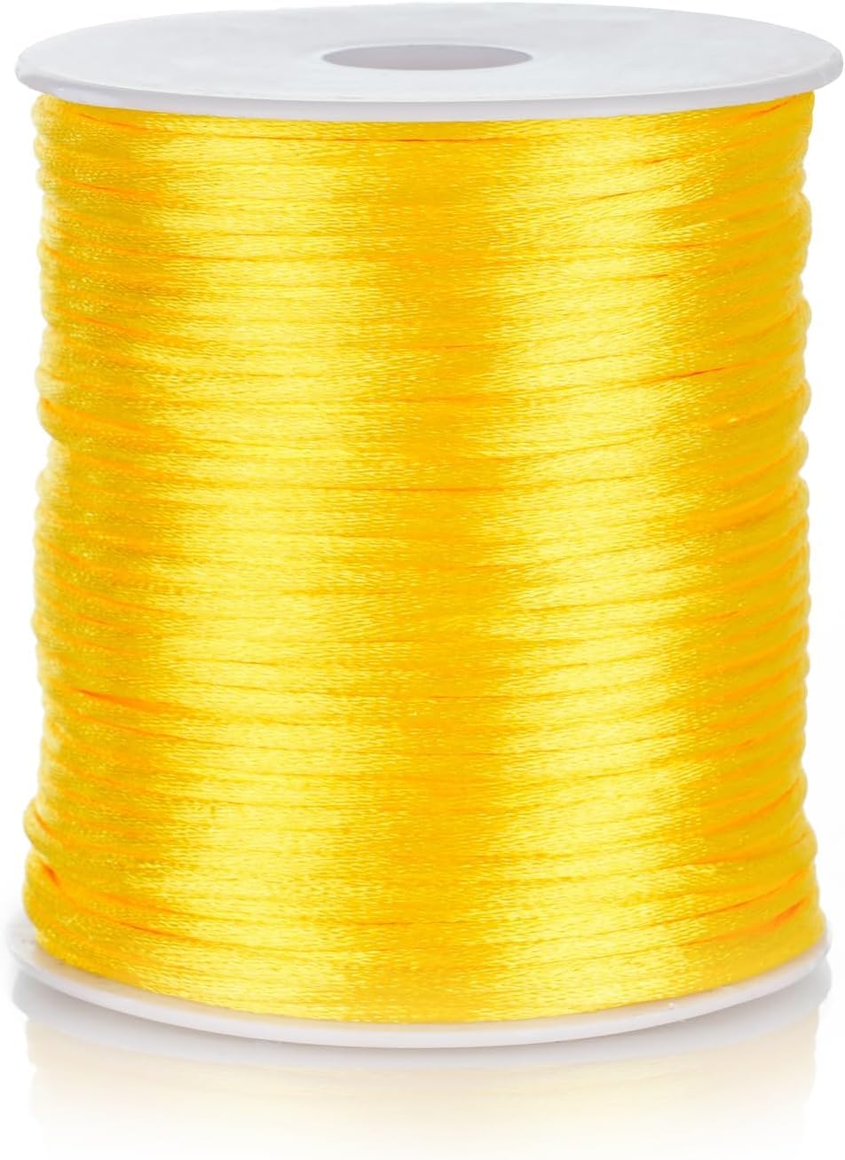 FQTANJU 2mm Nylon Satin Cord, 100 Yards Nylon Cord Satin String for Bracelet Jewelry Making Silky Rattail Macrame Trim Cord Necklace Bulk Beading Thread Kumihimo Chinese Knot Craft (Yellow)