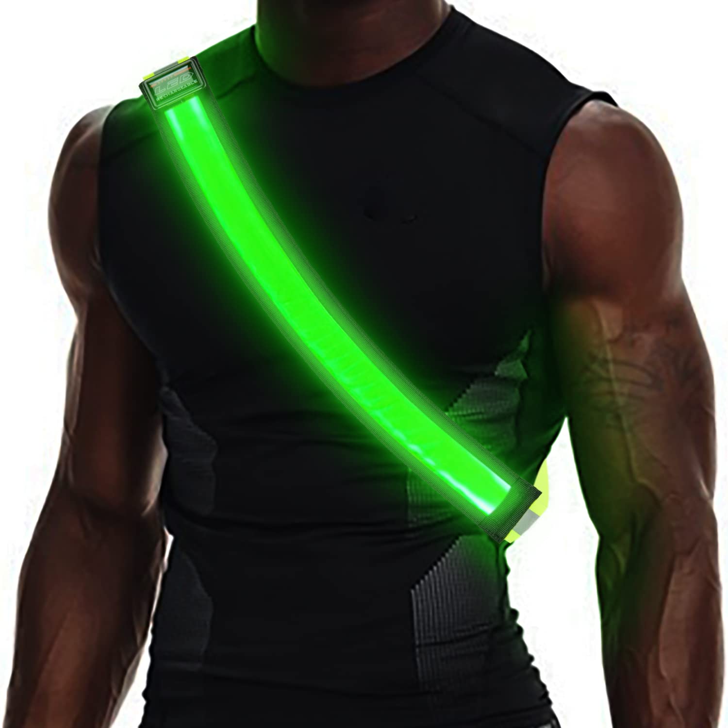 Photo 1 of OLIKER LED Reflective Running Gear,High Visibility Reflective Belt Sash with Safety Light,USB Rechargeable Adjustable Size Night Accessories for Night Outdoor Sports Running Walking (Green)